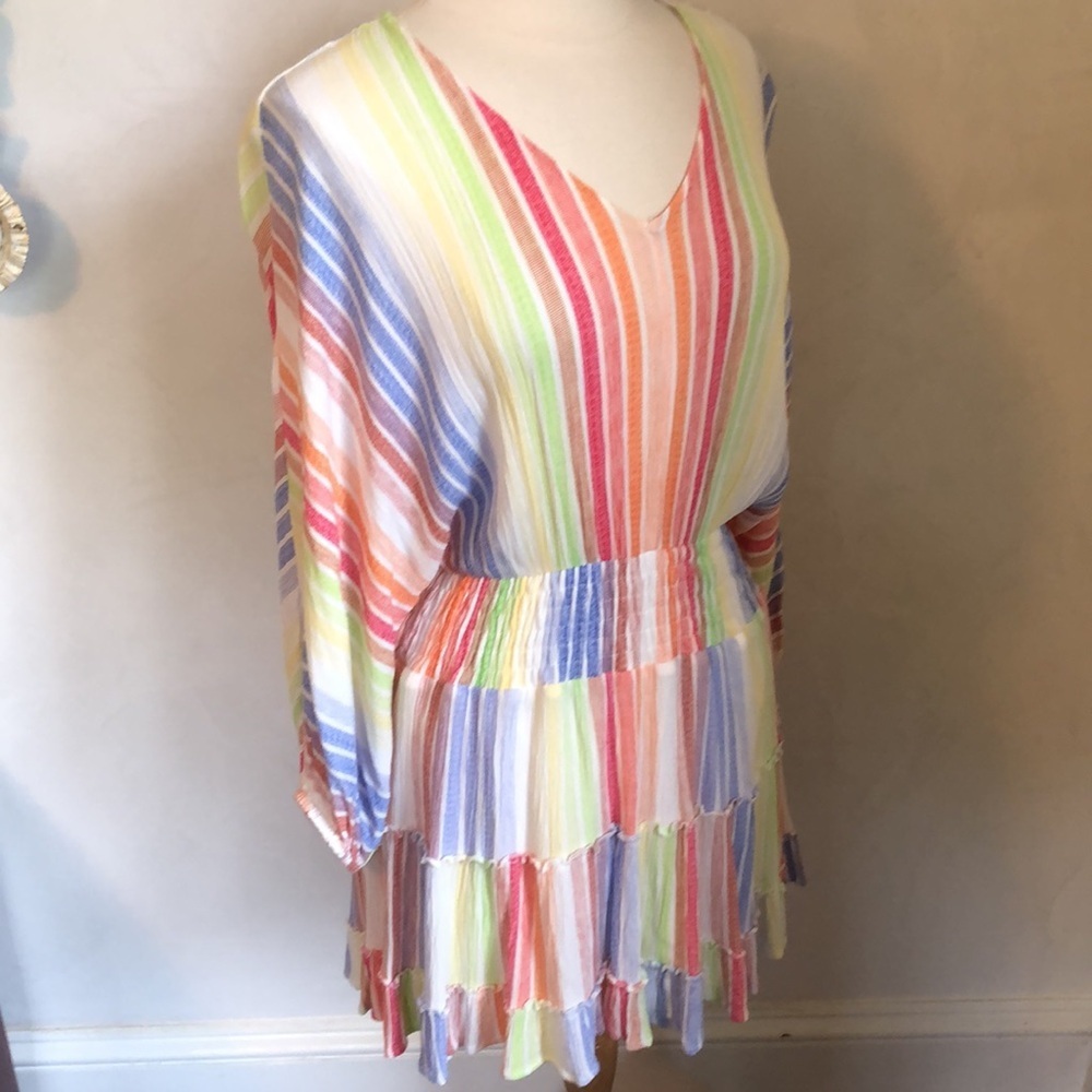 Jardin St. Macris Multi color,striped smocked,tiered mini Dress Size Medium - Picture 5 of 13